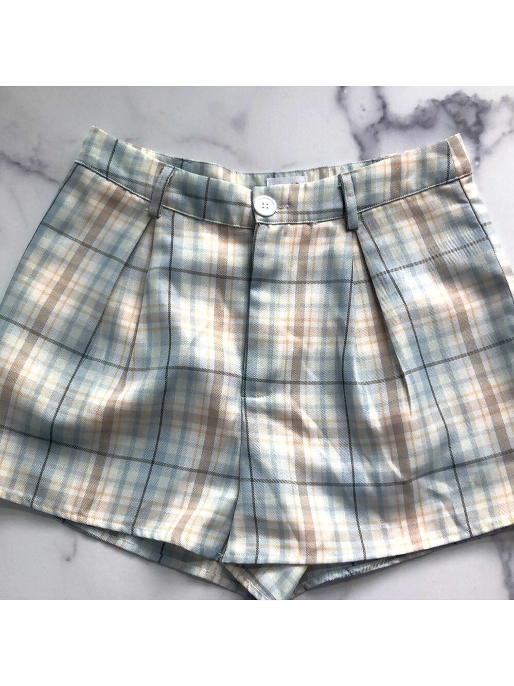 Le Lis Collection Light Blue Plaid Pleated High Rise Shorts Size S